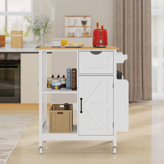 White Rolling Kitchen Island Cart with Bamboo Countertop, Lockable Wheels, Drawer, Spice & Towel Rack, Barn Door Storage Cabinet for Small Kitchen Apartment