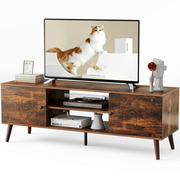 Yangming 55 60-Inch TV Stand, Entertainment Center, Mid-Century Modern TV Media Console, Ample Storage Cabinet, Adjustable Wooden TV Table for Living Room or Bedroom, Rust Brown