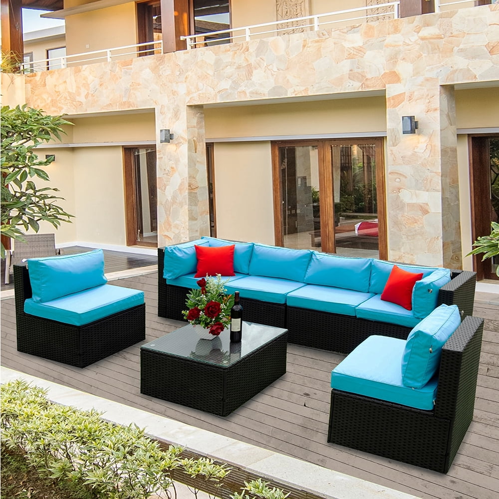Private Jungle 5 Pcs Patio Furniture Sets, Wicker Rattan Patio Conversation Set with Cushion and Glass Table, Blue Private Jungle 5 Pcs Patio Furniture Sets, Wicker Rattan Patio Conversation Set with Cushion and Glass Table, Blue