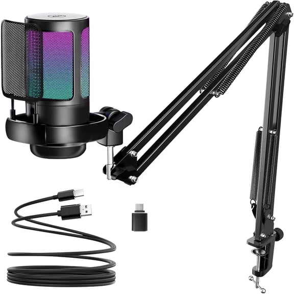 Aveek RGB USB Condenser Gaming Microphone Set with Adjustable Boom Arm & Pop Filter, One Touch Mute Mic for PC Streaming Podcast Recording