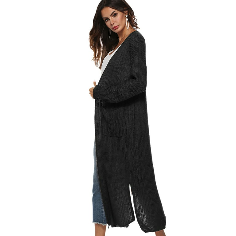 Women's Maxi Cardigan,Casual Long Sleeve Ankle-Length Flowy Open Front  Drape Lightweight Duster Irregular Hem Thin Cardigan Sweater Knitted Coat  Loose Longline Duster Coat,S-2XL Black 