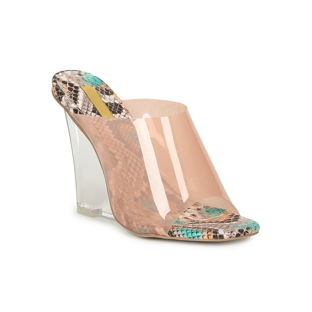 Qupid Women's Jelly Square Toe Clear Wedge Mule Heel Sandal 19794