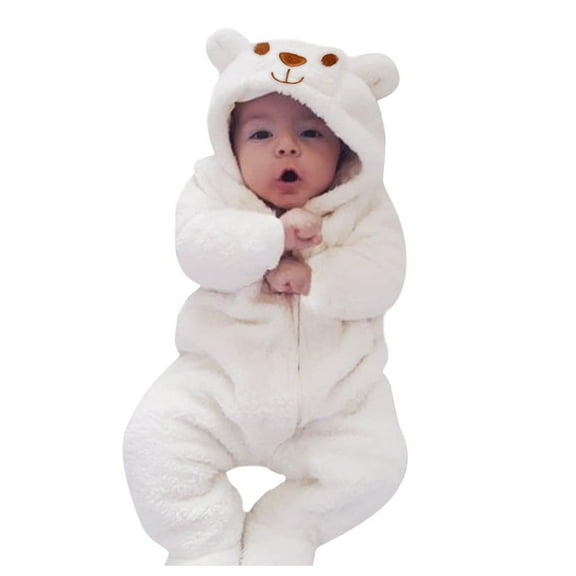Boys Winter Coat Baby Hooded Cartoon Flannel Romper Jumpsuit Warm Clothes Boys' Outerwear Jackets White 3 Months-6 Months