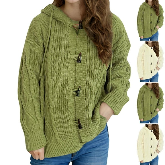 Fartey Women's Hooded Cardigans Sweaters Loose Fit Long Sleeve Chunky Cable Knit Sweater Oversized Button Down Open Front Outerwears White L