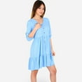 thumbnail image 3 of Women's V-Neck Button-Front Babydoll Dress with 3/4 Sleeves and Tiered Ruffle Hem - Large, Blue, 3 of 7