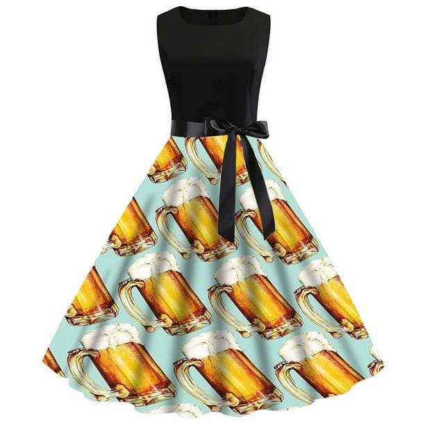 WILLBEST Vestidos Casuales para Mujer con Curvas Vestido Informal de Verano de Manga Corta con Cuello Redondo y Cinturón Extraíble con Estampado de Oktoberfest Grande