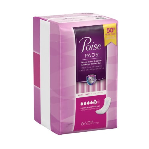 Poise Women's Maximum Absorbency Pads, Long Length, 64 Ct