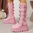 thumbnail image 3 of SACFOF Pink Platform Boots Over Knee Thigh High Goth Boots for Women Chunky Heel Rave Motorcycle Boots with Buckles Side Lace Boots, 3 of 6