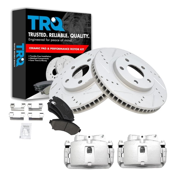 TRQ Front Performance Brake Pad & Rotor Kit Brake Caliper Brake Pads Brake Rotors Set Ceramic Vented Premium G-Coated Fits Select 2000-2005 Cadillac DeVille