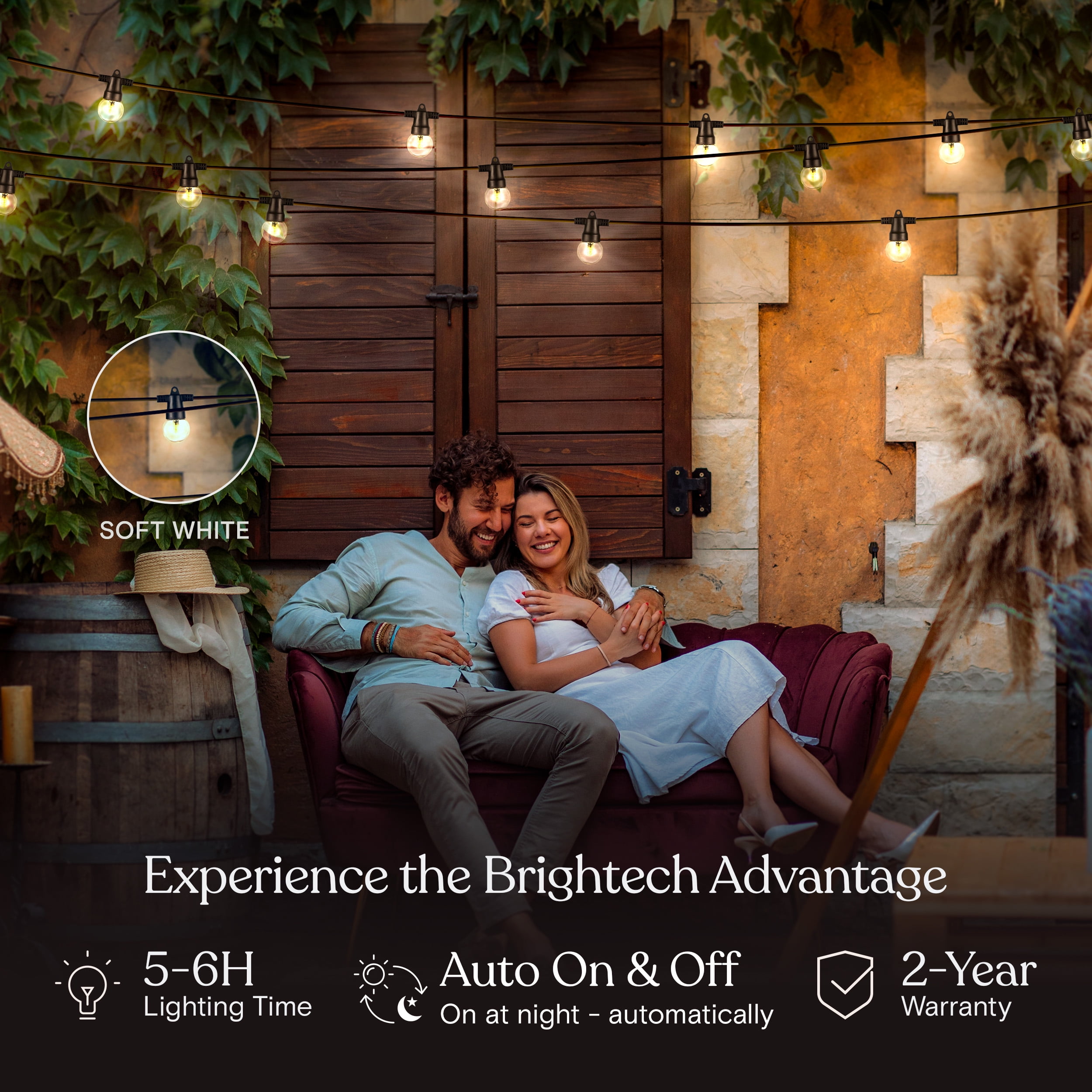 Brightech Ambience Pro Solar Powered LED Outdoor String Lights 27 ft, Waterproof Shaterproof 1W Globe Bulbs for Patio, Porch, Backyard, 3000K Neutral White