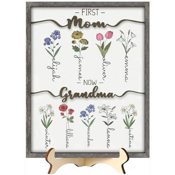 Christmas Gifts For Mom, Grandma, Customized Birth Month Flower with Names, Personalized Wood Plaque Wall Art Birthday Gifts Grandma Gifts From Grandkids