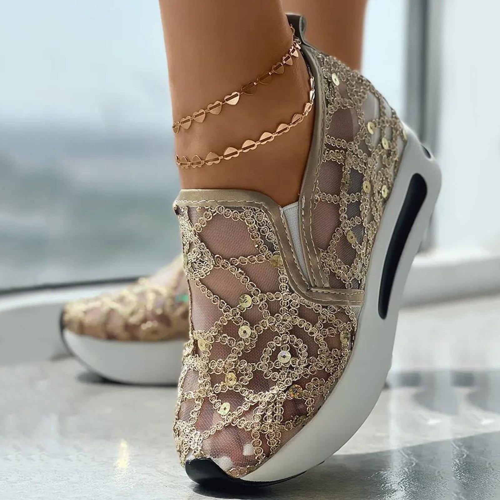 Dakaela Platform Wedge Sneakers for Women Hidden High Heels Slip on Loafers Walking Work Shoes Gold 6