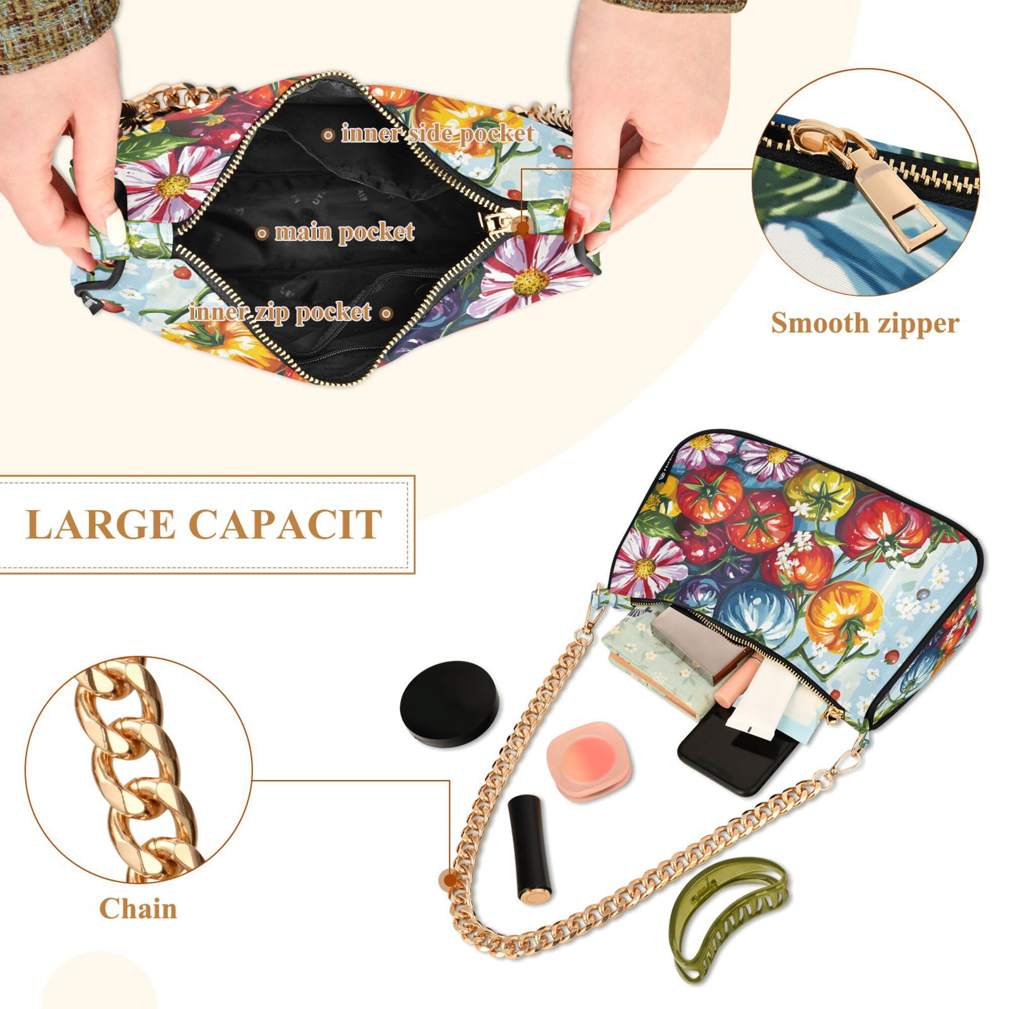 FORMRS Womens Shoulder Bag with Chain Strap Clutch Purse Cute Tote Handbag, Blue Floral Tomatoes