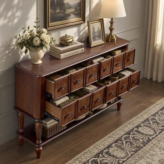 47.8 inch Vintage Console Table with 4 Storage Drawers, Solid Wood Legs, Entryway Table with Lower Shelf for Living Room, Hallway, Cherry