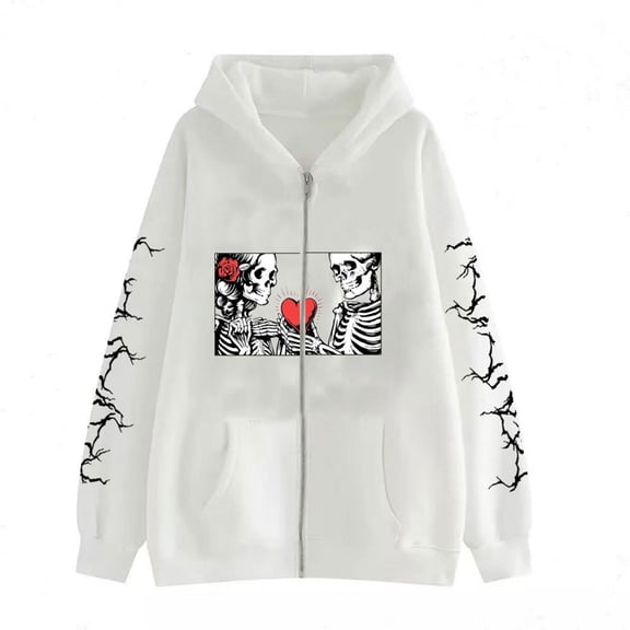 Gothic Skull Graphic Print Hoodie Y2K Punk Style Sweatshirt Unisex Oversized Zip-Up Hooded Sweatshirt