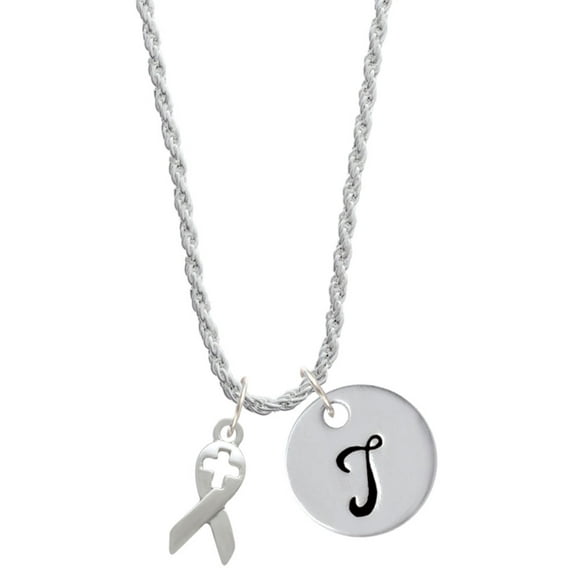 Delight Jewelry Silvertone Ribbon with Cross Cutout Silvertone Script Initial Disc - T - Charm Necklace, 20"+3"