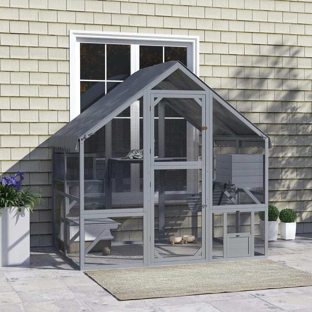Topcobe Wooden Catio Outdoor Cat Enclosure with Waterproof Cover, 2 Condos, 4 Platforms, Bridge, Doors, Outdoor Wooden Feral Cat Shelter, Gray