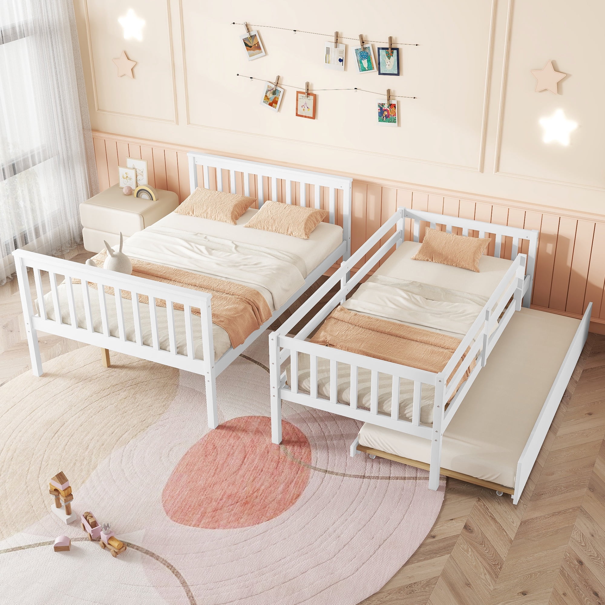 Alvantor Twin Over Full Wood Bunk Bed with Trundle, Convertible into Twin Size Beds for Teens Adults, White