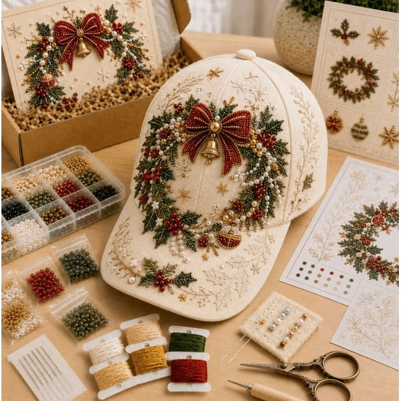 2026 Christmas Beaded Hat DIY Craft Kit,Holiday Bead Kit With Baseball Cap And Embroidery Supplies,Creative Christmas Craft Gift For Adults With Snowman Design(1PCS)