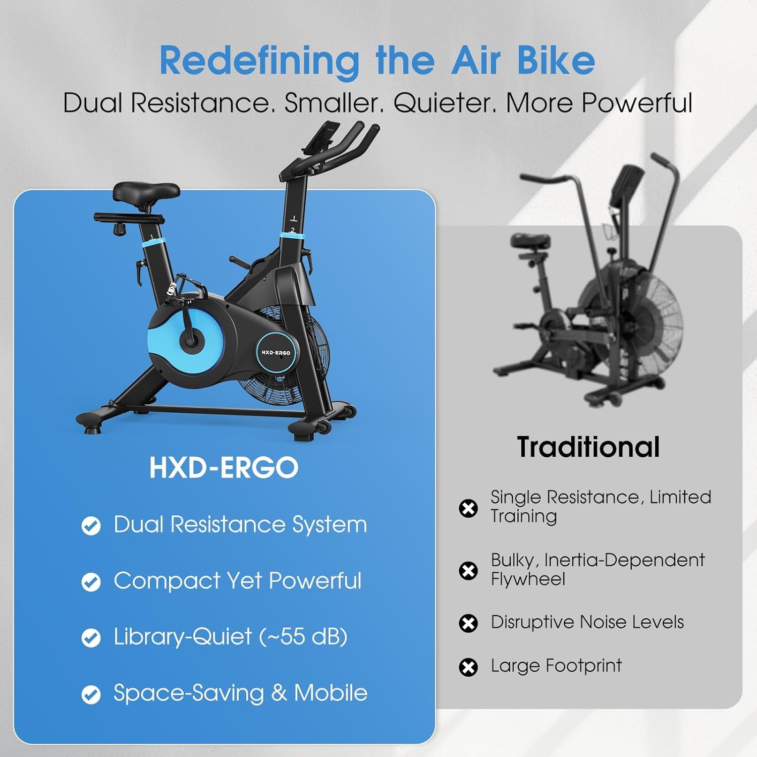 HXD-ERGO Exercise Bike, Air & Magnetic Resistance Stationary Bike for Home, Silent Belt Drive, App Compatible Cycling Bike with LCD Monitor, 350lbs Capacity Workout Bike