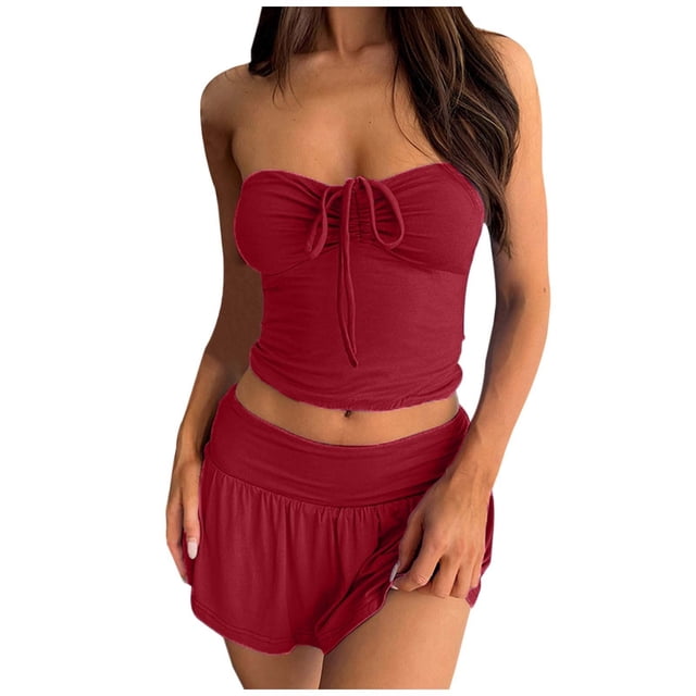 Conjunto elegante de dos piezas para mujer: top sin tirantes con falda plisada asimétrica de doble capa