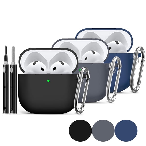 SUSWIM 3Pack AirPods 4 Case 2024 with Cleaner Kit,Soft Silicone Protective Cover for Apple AirPods 4th Generation Cases for Women Men,Compatible with AirPod 4 Case Accessories with Keychain(Black)