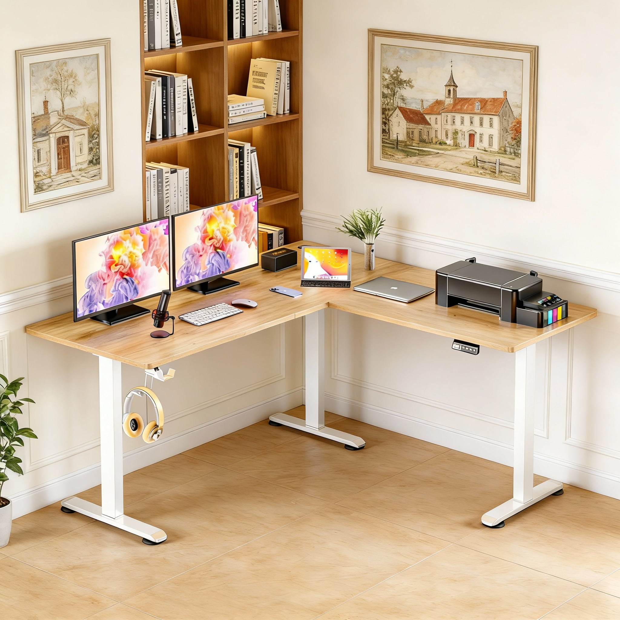 Legooin 63x55 inch L-Shaped Electric Standing Desk Sit Stand Workstation with Power Strip, Height Adjustable Office Desk for Multiple Computers, for Gaming Room Office Home, Oak