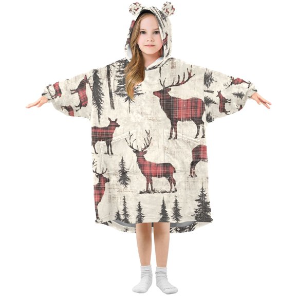 FORMRS Wearable Blanket Hoodie with Sleeves for Kids Cozy Flannel Sweatshirt, Plaid Deer