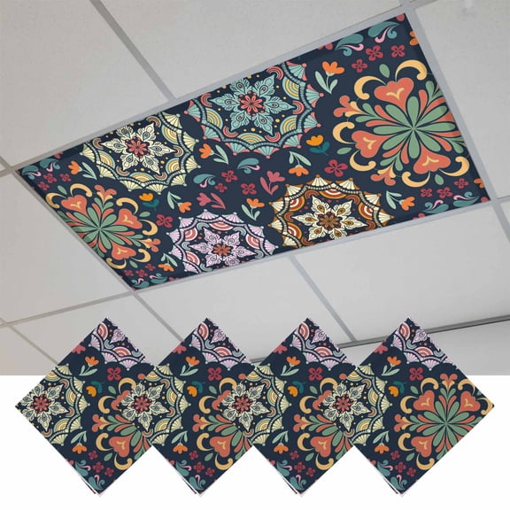 Vintage Flower Magnetic Fluorescent Light Covers for Ceiling Lights 2x4Ft, Boho Abstract Colorful Ethnic Floral Office Classroom Kitchen Drop Ceiling Light Covers Lighting Filters Shade Panel 4 Packs