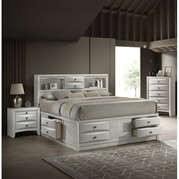 3pc Set Antique White Finish King Size Captain's Storage Bed Chest Nightstand