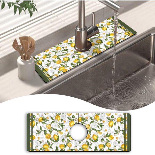 Kitchen Sink Splash Guard Faucet Mat 15" X 5.5" Lemon Farmhouse Absorbent Fast Drying Mat Faucet Draining Mat Sink Splash Guard Behind Faucet Drip Catcher for Kitchen Bathroom