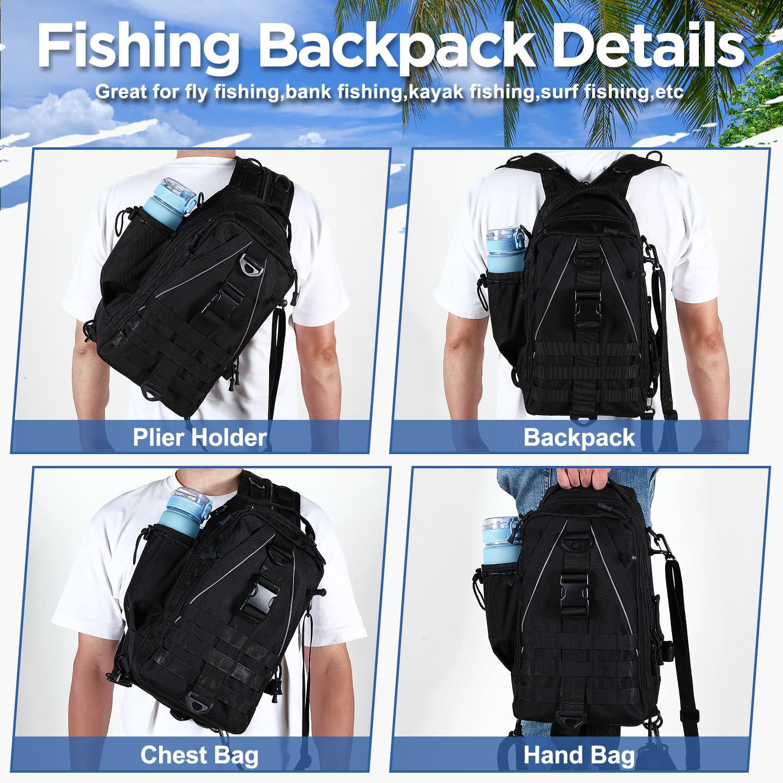 85 Fishing Backpack With Tackle Boxes  Sling Bag Rod Holder Fish Lures Kit And Pliers Set Easter Gift Basket For Men Women