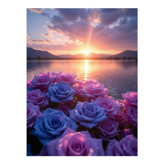 Diamond Art Kit for Adults, Pink Blue Roses Sunset Lake Diamond Painting for Adults Beginners, 5D DIY Diamond Art Painting Kits, Colorful Diamond Painting Craft for Home Decor 12x16