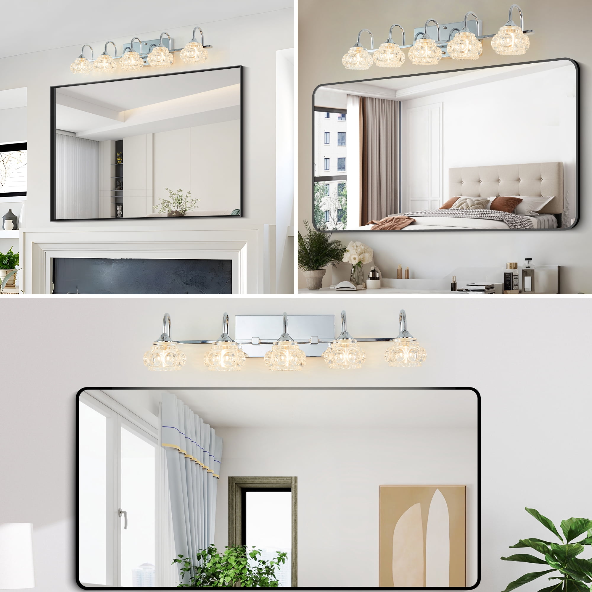 5-Light Bathroom Light Fixtures, Nickel Modern Bathroom 29.1in Vanity Lights with Flower Glass Shade, Bathroom Wall Lamp for Mirror Cabinet Porch, E12