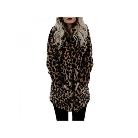 - Nicesee Womens Leopard Print Faux Fur Woolen Long Sleeve Coat Outwear