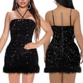 thumbnail image 4 of Vestido Jigfar sexy para mujer, ajustado con plumas de strass, negro, 4 of 6