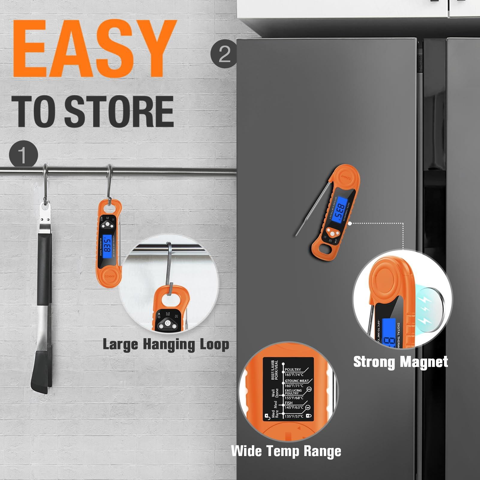 Digital Food Thermometer Orange Instant Read Waterproof Backlight for Grilling Cooking