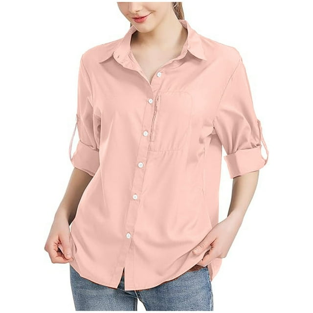 Camisa elegante y casual de color liso con bolsillo con cremallera y protección solar para mujer - Algodón lavado liso, cuello en V, manga corta - Suave y transpirable para el día a día, la oficina