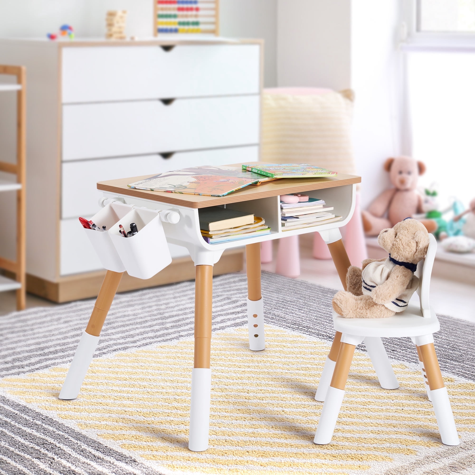 Naipo Adjustable Toddler Table and Chair Set with Drawer and Basket, Kids Furniture for Reading, Drawing, Eating, Preschool, Ages 3-8, White