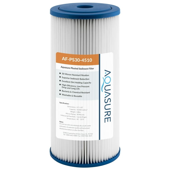 Aquasure Fortitude V Series 30 Micron Pleated Sediment Whole House Replacement Water Filter, Universal 10" x 4.5" Fit (AF-PS30-4510)