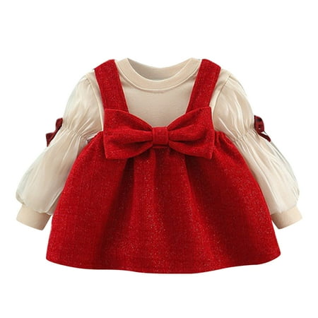 

Qufokar Baby mas Clothes Receiving Kids Toddler Child Baby Girls Long Ruffled Bubble Sleeve Patchwork Blouse Top Bowknot Solid Suspender Skirt Outfits Set 2Pcs Clothes