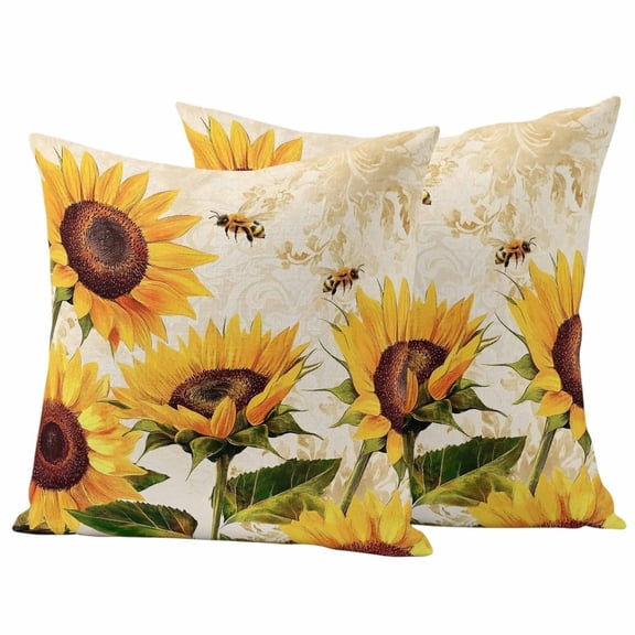 2 Pack Outdoor Waterproof Throw Pillow Covers,Summer Blossom Sunflower Bee Decorative Square Patio Pillowcases for Chair Couch Sofa 16x16in
