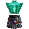 thumbnail image 3 of YiZYiF Girls 2Pcs Hip Hop Jazz Dance Outfits Sparkly Crop Tops and Culottes Skirts Cheer Dancewear Green 16, 3 of 5