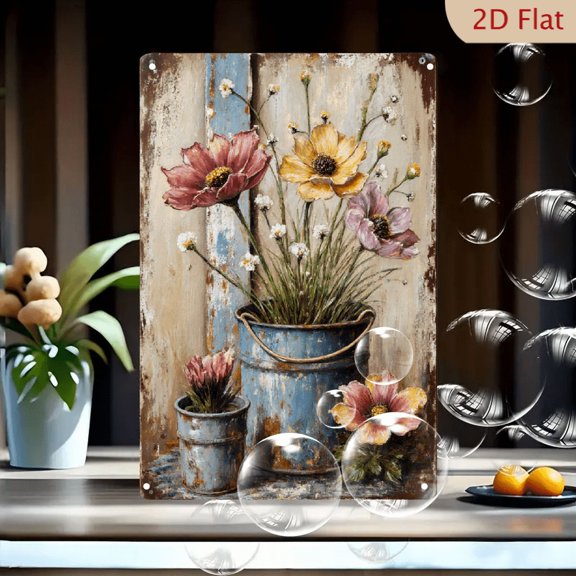 Rustic Wildflowers in Metal Buckets Wall Art, 8x12 Inches Shabby Chic Still Life Painting with Dusty Rose Cosmos and Weathered Tin Containers for Vintage Home Decor