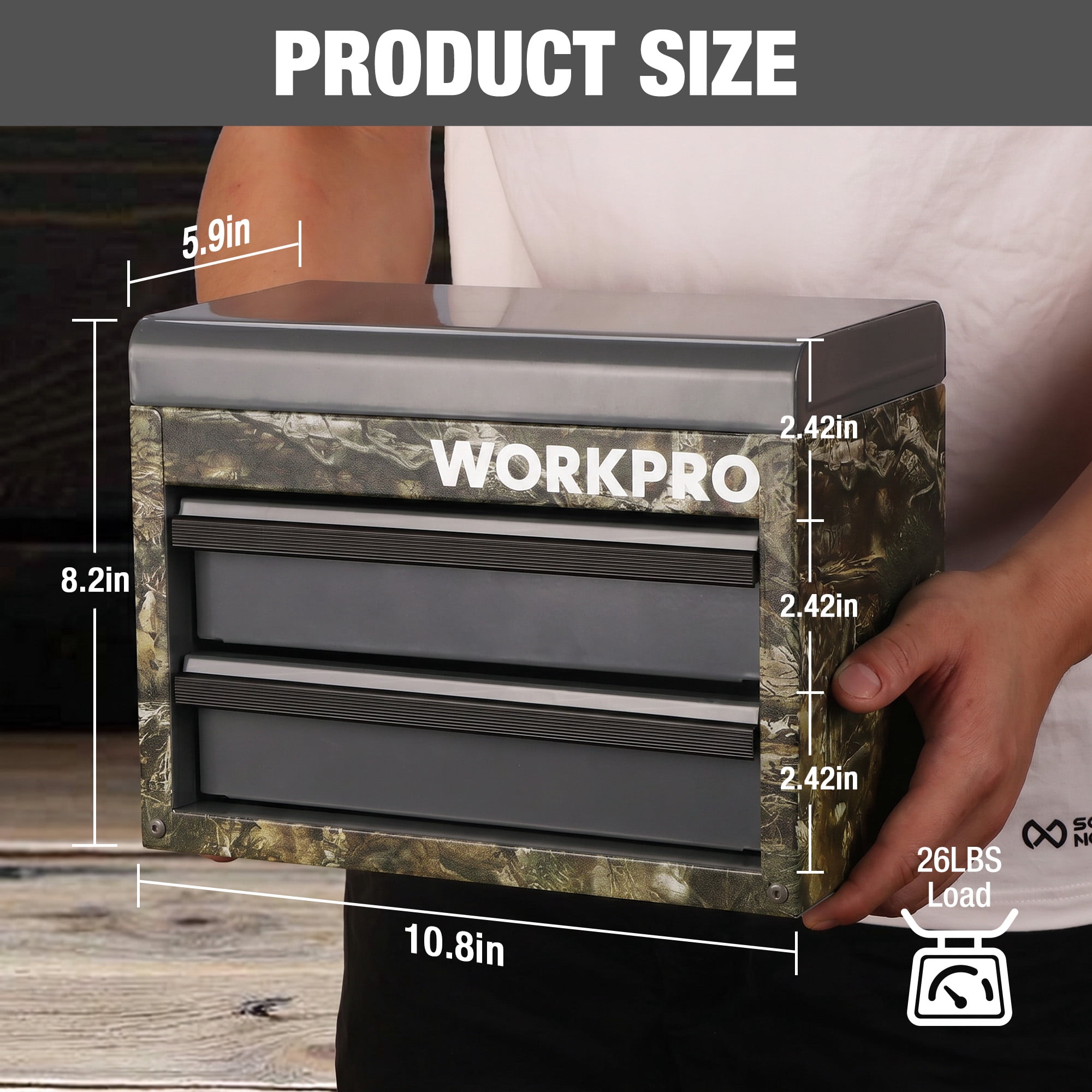 WORKPRO Mini Tool Box with 2 Drawers and Top Storage, Upgraded Version with Ball Bearing Slides, Small Metal Tool Chest with PVC Liners and PP Feet Pads, Camouflage.