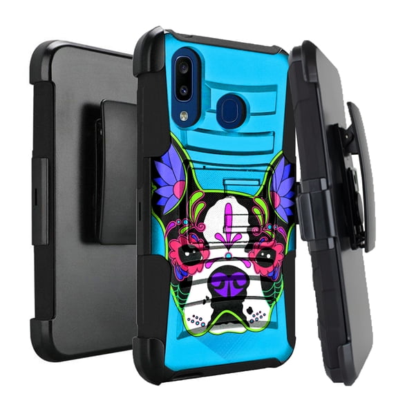 DALUX Hybrid Kickstand Holster Phone Case Compatible with Galaxy A20 2019 - Teal Sugar Boston Terrier