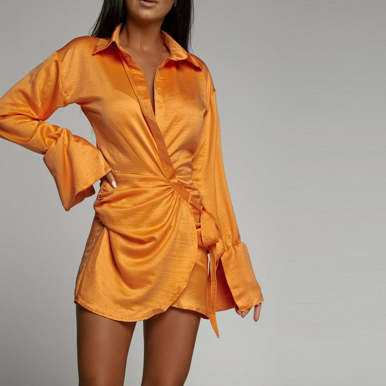 REORIAFEE Tshirt Dresses for Women Casual Trumpet Long Sleeve Turn-down  Collar Slimming Mini Shirt Dress Orange XL 