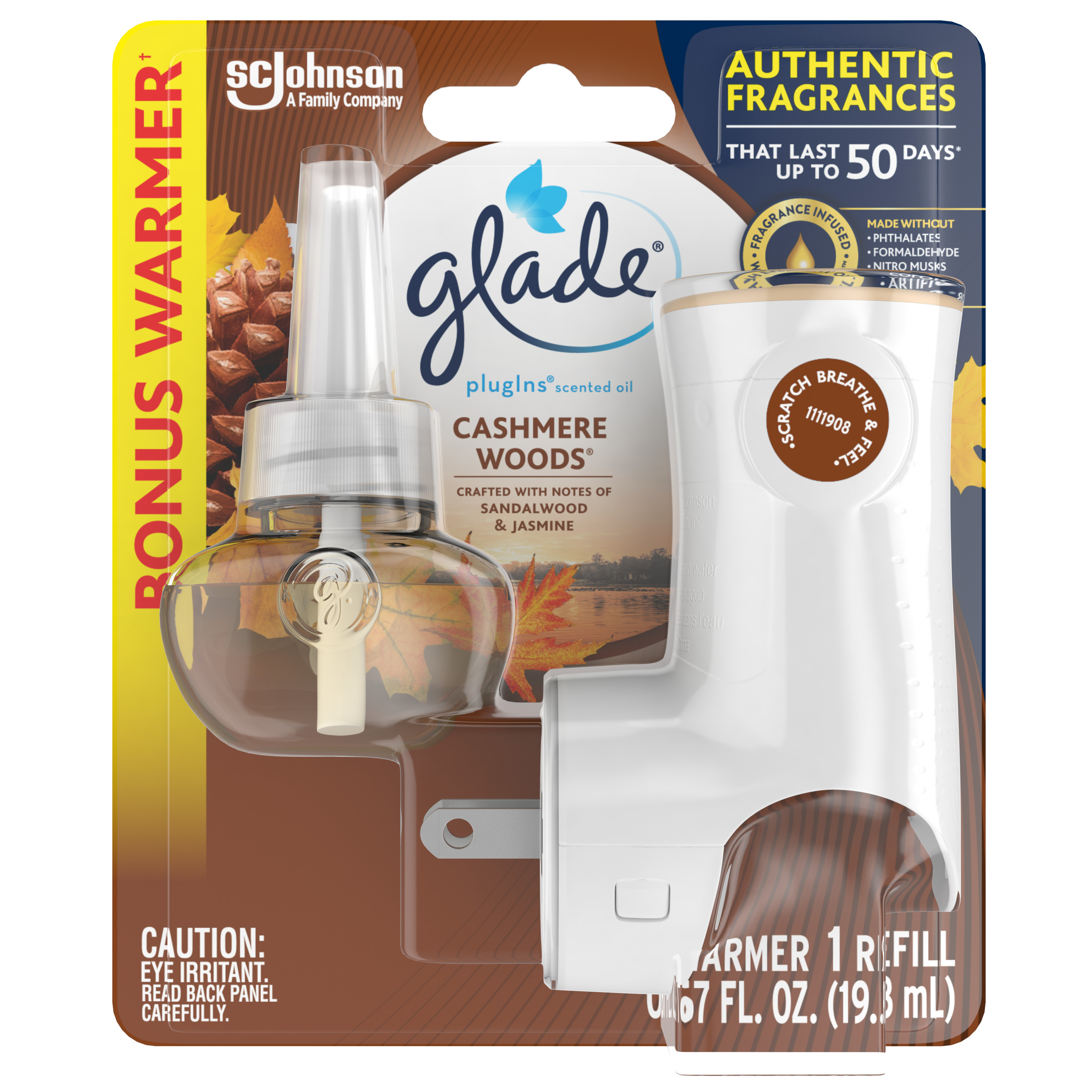Glade PlugIns Scented Oil Warmer and Cashmere Woods Refill Starter Kit