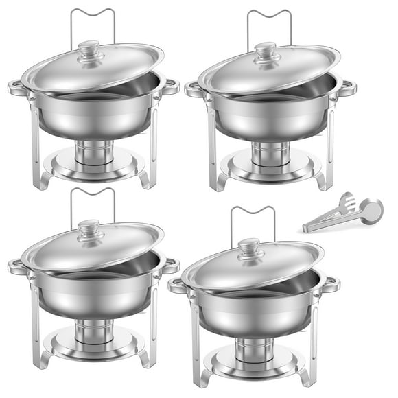KFFKFF Ensemble de Plats à Friction pour Buffet, 5 Qt Lot de 4, Réchaud en Acier Inoxydable avec 4 Poêles Pleine Grandeur, Réchaud Rond pour Traiteur avec Couvercle, Casserole à Eau Support Pliant à Pince, pour Mariages Fêtes Banquets, Argent