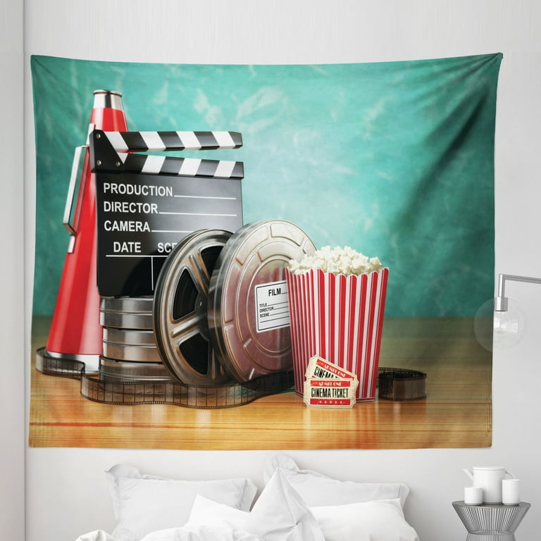 Movie Theater Tapestry, Production Theme 3D Film Reels Clapperboard Tickets  Popcorn and Megaphone, Fabric Wall Hanging Decor for Bedroom Living Room  Dorm, 5 Sizes, Multicolor, by Ambesonne 